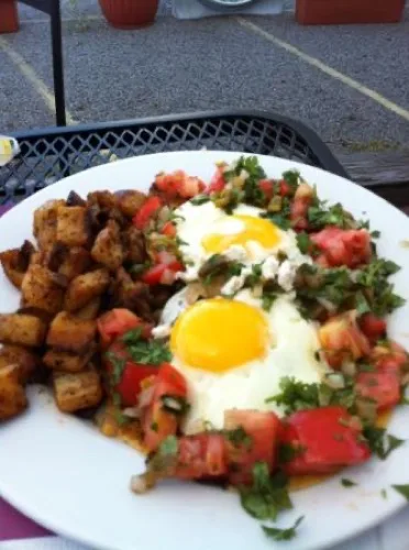 Huevos rancheros with homefries at The Corner Cafe